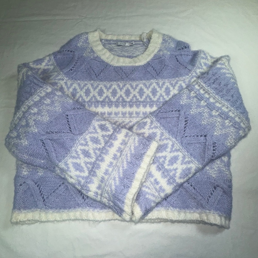 LUSH Women's Size L Lilac White Fair Isle Knit Soft Cropped Oversize Sweater NWT